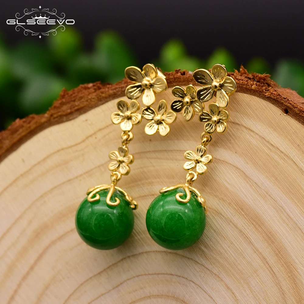 

GLSEEVO Natural Aventurine Quartz Drop Flower Earrings Fish Hook 925 Sterling Silver Earrings Pendientes Mujer Moda GE0087D