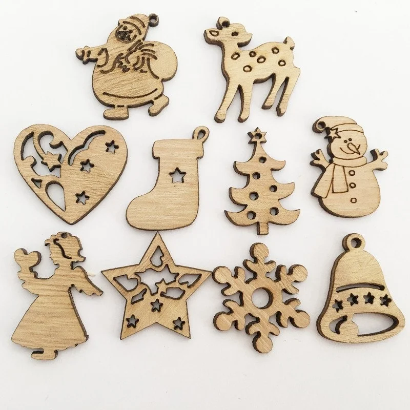 

100/50pcs Natural Wood Christmas Ornaments Reindeer Tree Snowflakes Bell Santa Star Christmas Decorations For Home 2019 Navidad