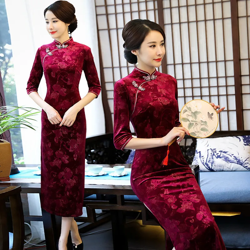 Cheongsam велюровое платье Ципао с принтом винтажные модные улучшенные Осенние Длинные платья Вечерние платья для мам и свадеб