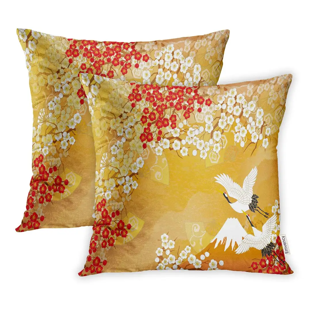 

Japanese Beautiful Kimono Japan Asia Crane Celebration Texture Gold Lovely Pillow Case Two Sides Print Pillowcase