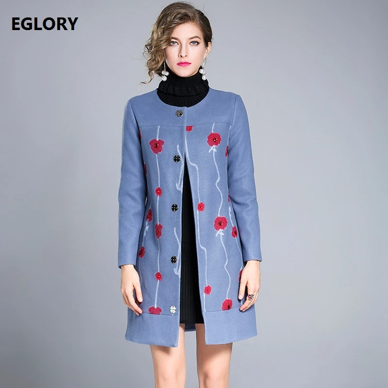 2017 Invierno De Alta Costura XXL Tallas Grandes Abrigo de Lana Print rojo Diamantes Casual Azul Chaqueta de Lana Femenina Prendas de Vestir Exteriores Abrigos nueva|women coat red|wool women coatcoat