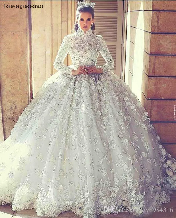 

2019 Arabic Muslim Princess Wedding Dress Ball Gown Lace Appliques Church Formal Bride Bridal Gown Plus Size Custom Made