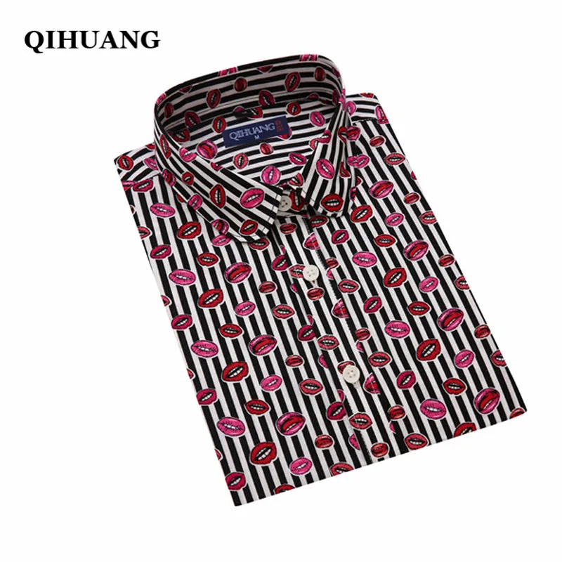 

QIHUANG Women Striped Lips Printed Shirt Casual Women Tops and Blouses C Long Sleeve Shirt Tops Spring Ladies Clothes