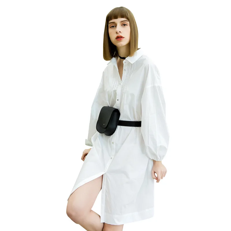 

2018 Autumn new arrival Euramerican women's blouse new stylish pleated single-breasted white ladies shirt with a thin belt1L2051