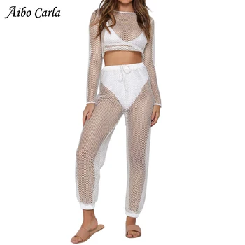 

Sexy Fishnet Two Piece Sets Summer Hollow Out Mesh Bodysuit for Women Long Sleeve Crop Top and Pants Casual Womens Suit