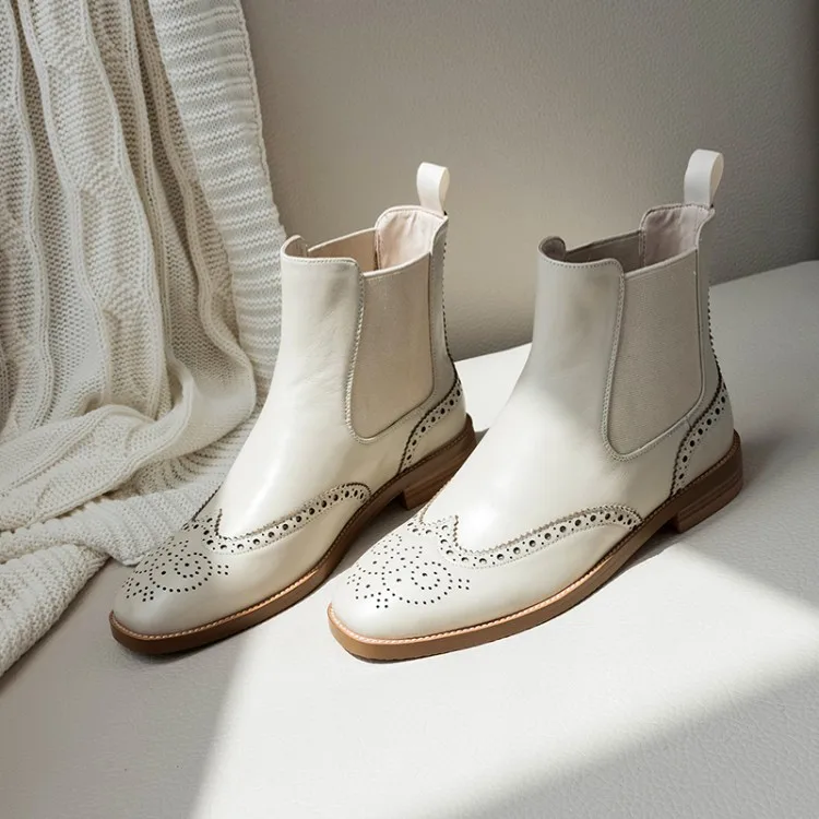 

MLJUESE 2020 women ankle boots cow leather square toe brogue style winter short plush low heel boots women Chelsea boots size 40