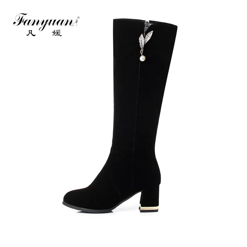 

Fanyuan Elegant High heel Work boots Black Pointed Toe Knight boots Winter women shoes pearl Crystal leaf Knee-High boots