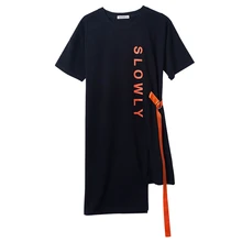 Harajuku футболка с короткими рукавами медленно с буквенным принтом летняя футболка для женщин корейский стиль Свободные Нерегулярные Повседневные Топы Длинные футболки