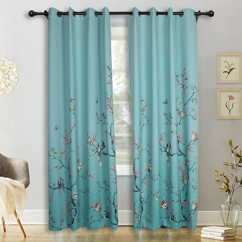 Chinese Gradient Birds Butterfly Blackout Curtains for Living Room Green Printed Drapes for Bedroom Window Treatments Floral