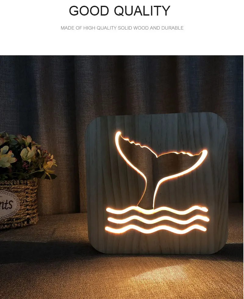 3D Wooden Mermaid Tail Night Light Cartoon Night Lamp Kids Bedroom Table Lamp Sleeping Light for Baby Children Xmas Birthday Gift (1)