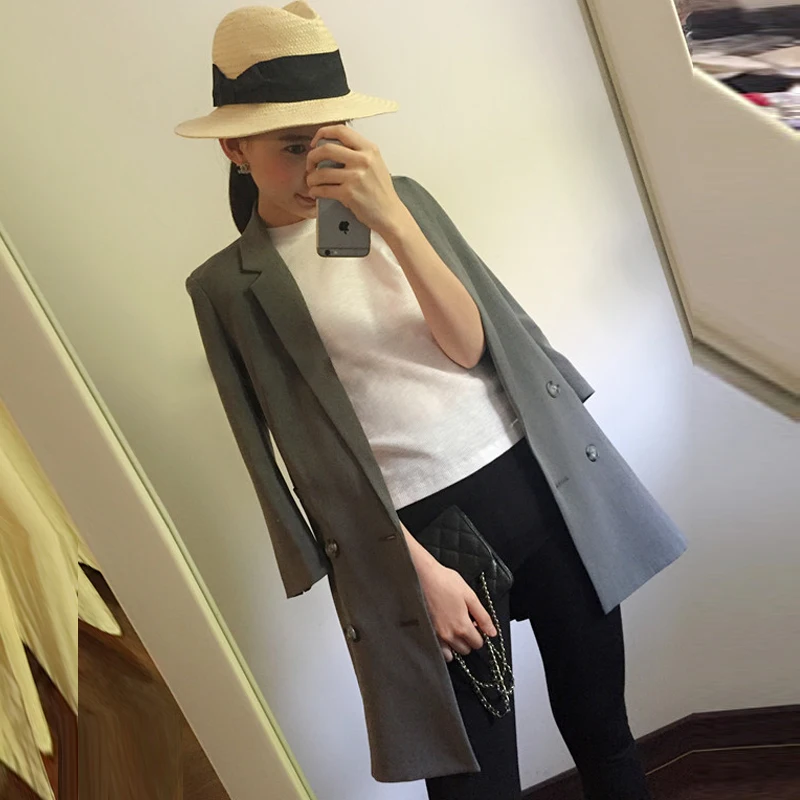 fashion black casual small suit female new spring long self cultivation slim Hem folds coat Women Blazers