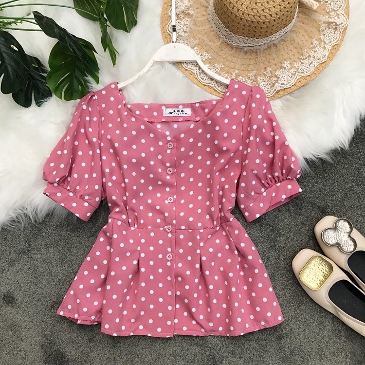 

2019 Summer New Retro Wave Dot Print Slim Waist Thin Short Crop Tops Woman Single Breasted Casual Blouse Shirts G922