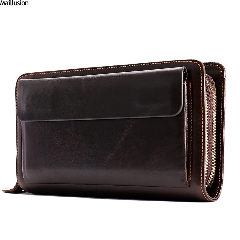 

Maillusion Business Long Clutch Wallets For Male Genuine Leather Vintage High Capacity Double Zipper Men Purse & Wallets Handbag