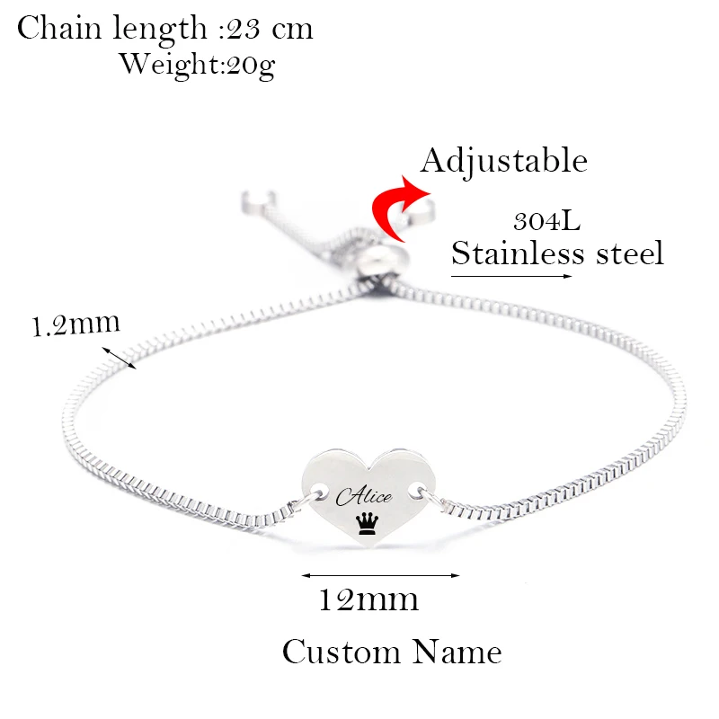 Индивидуальные именные браслеты с гравировкой, Маленький милый браслет в виде сердца из нержавеющей стали, регулируемые браслеты для женщин, подарок
