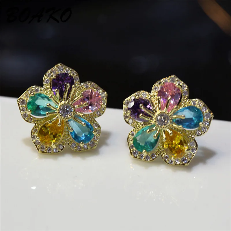 

Classic Colorful AAA Cubic Zirconia Stud Earrings Korean Flower Crystal Girl Ear Studs 2019 NEW Earings Fashion Jewelry Brincos