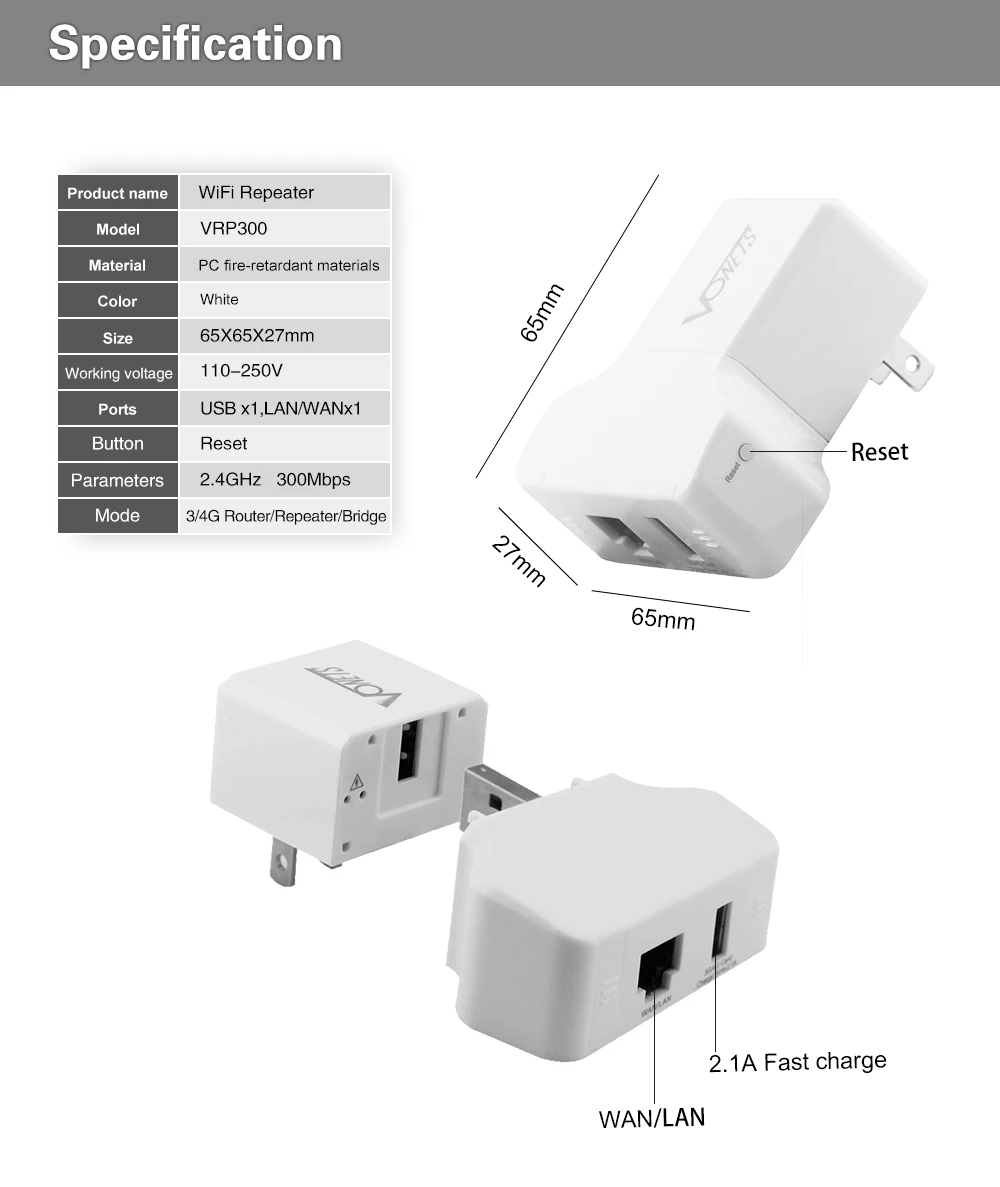 300 Мбит/с VONETS VRP300 WiFi ретранслятор 3g/4G WiFi маршрутизатор/2.1A зарядное устройство-вилка США