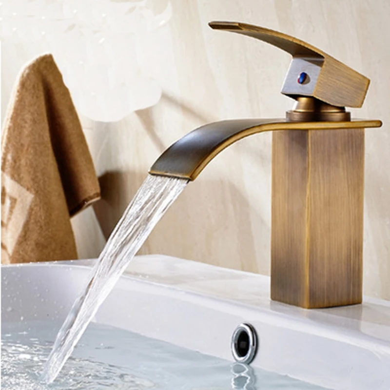 Waterfall Spout Antique Brass Square Bathroom Sink Faucet Single Handle Mixer