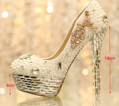 Новейшие стразы; белые свадебные туфли с жемчугом; свадебные туфли с кисточками и стразами; женская обувь; модельные туфли на платформе для ночного клуба - Цвет: White 14cm Heels