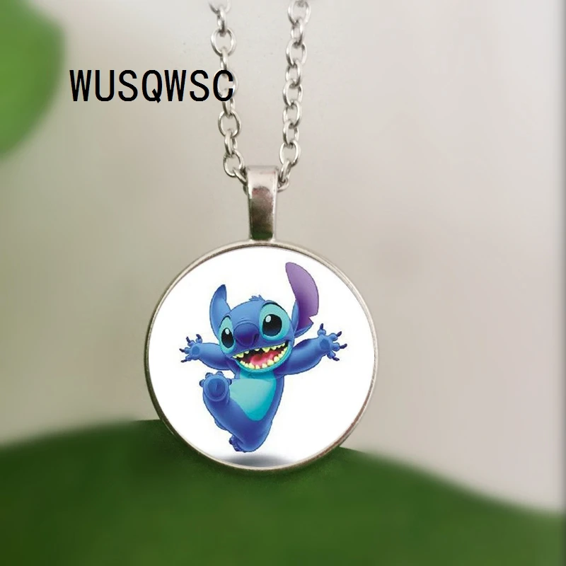 

3 / Color New Cartoon Handmade Fashion Jewelry Blue Stitch Goblin Necklace Silver Chain Glass Dome Pendant Necklaces Gifts Girl