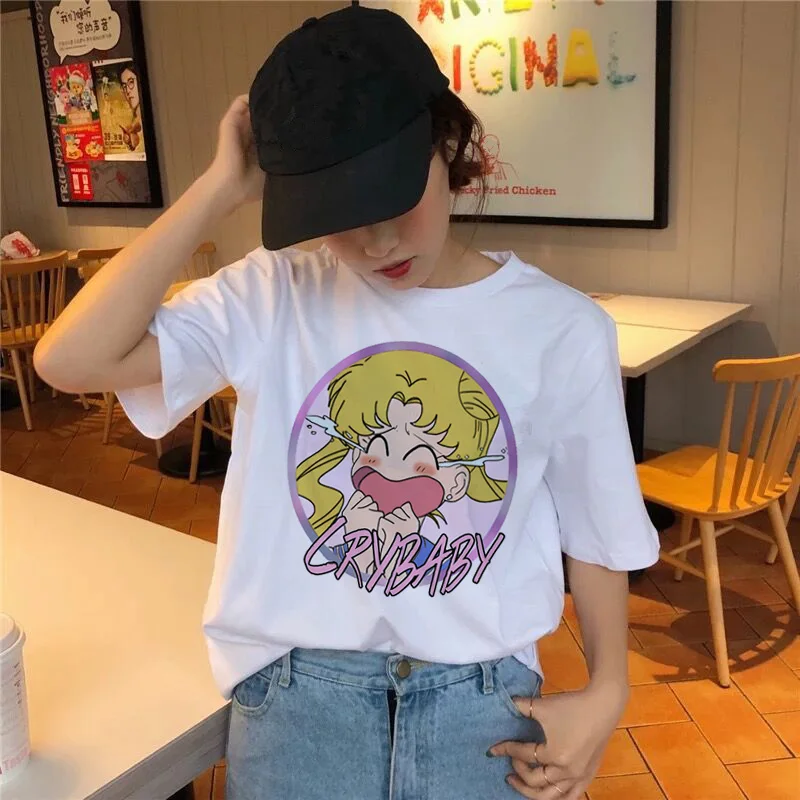 Sailor Moon Футболка Harajuku женская футболка с принтом Милая Ullzang Kawaii коротким рукавом