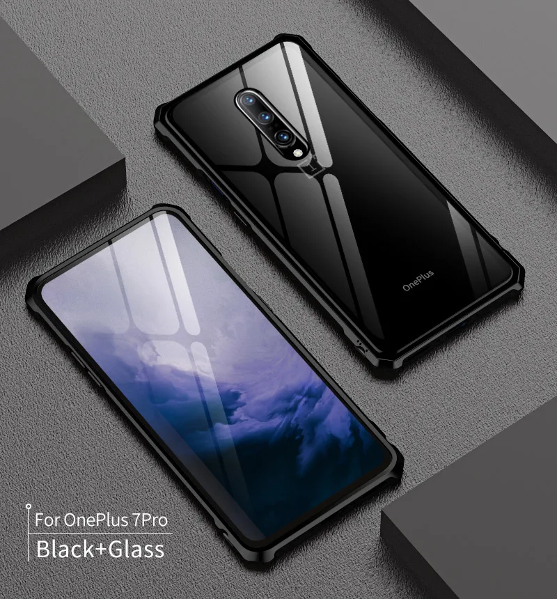 

Oneplus 7 Pro Bumper Oneplus7 Phone Cases Aluminum Metal Frame Bumper with Clear Tempered Glass Back Cover for One Plus 7 7Pro