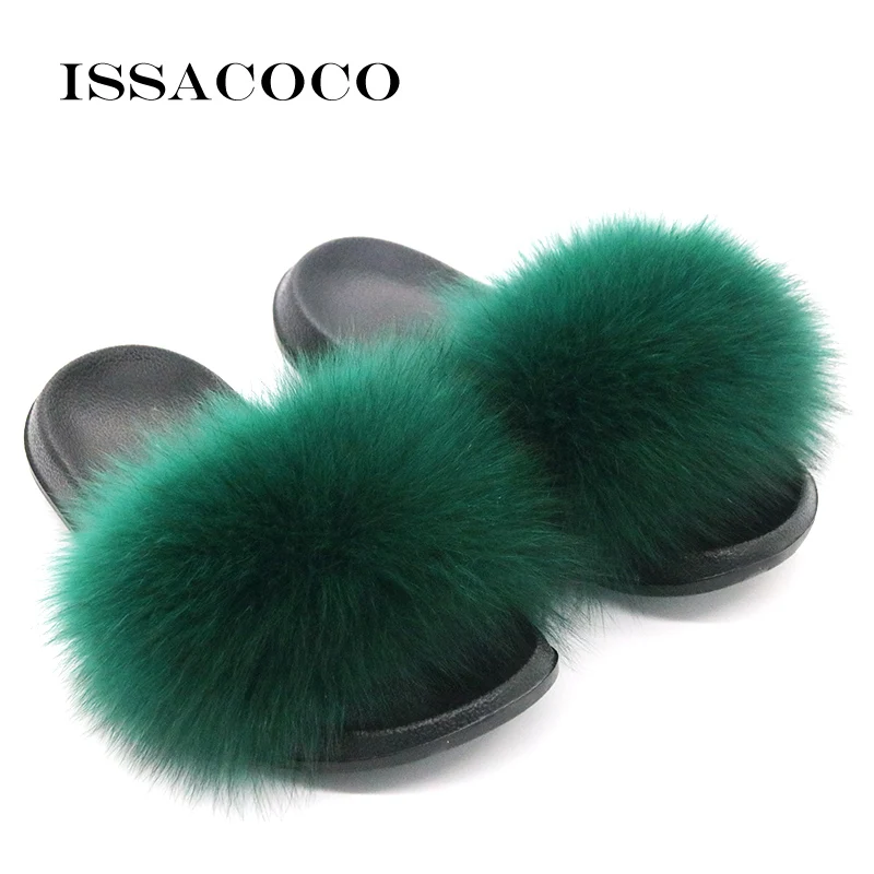 

ISSACOCO Summer Women's Fur Slippers Real Fox Fur Woman Slides Home Furry Flat Sandals Female Cute Fluffy House Shoes Flip Flops