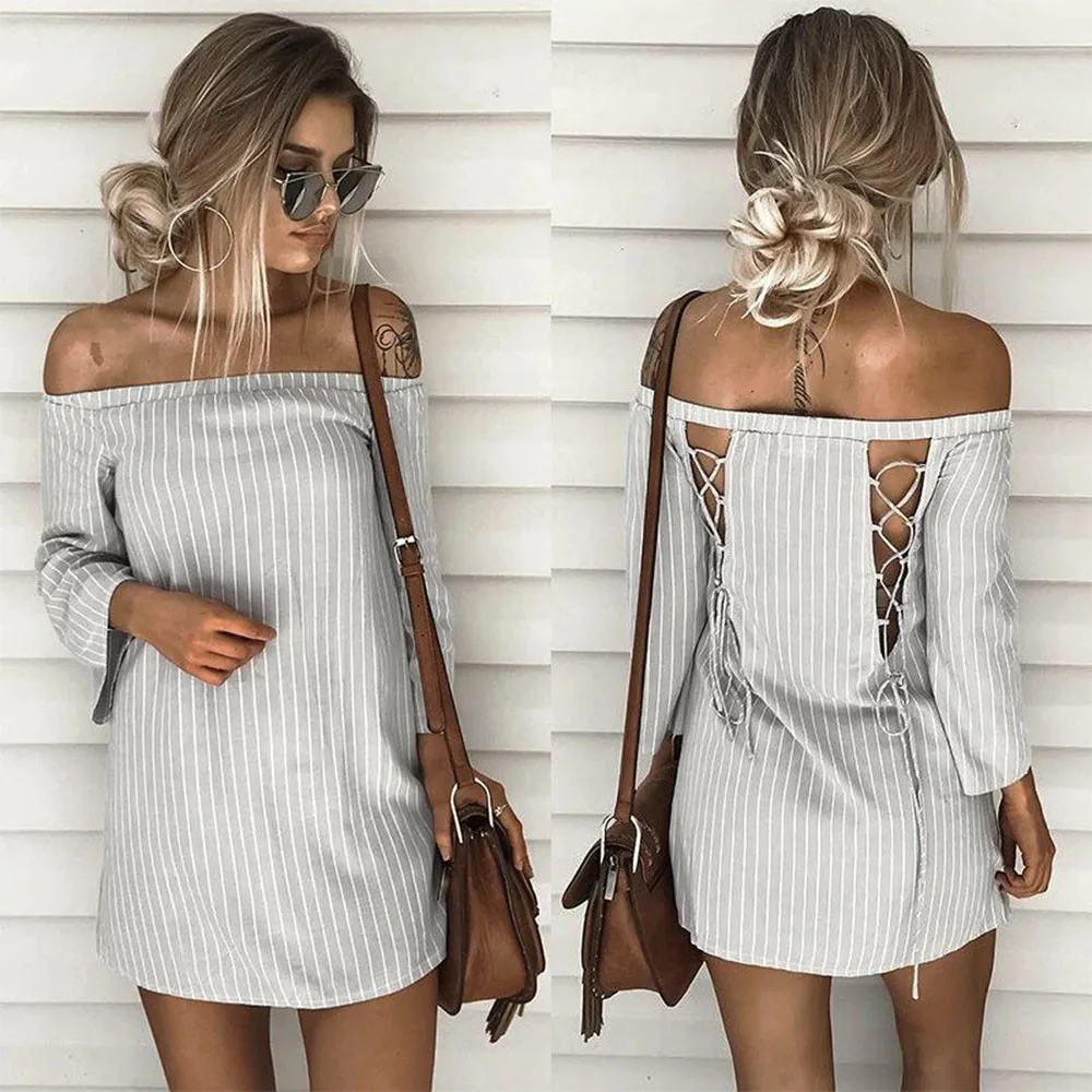 Женское платье-мини zomerjurk dames летнее платье в полоску с открытыми плечами и