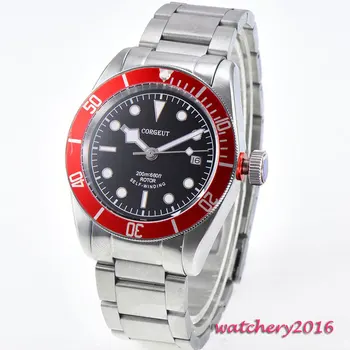 

41mm Corgeut black dial red bezel Complete Calendar Luminous Marks Sapphire Crystal Deployment Automaic movement Men's Watch