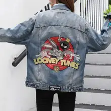 Осенняя женская джинсовая куртка на пуговицах, с карманами спереди, с мультяшным Кроликом, с вышивкой, с заниженным плечом, свободная куртка, пальто