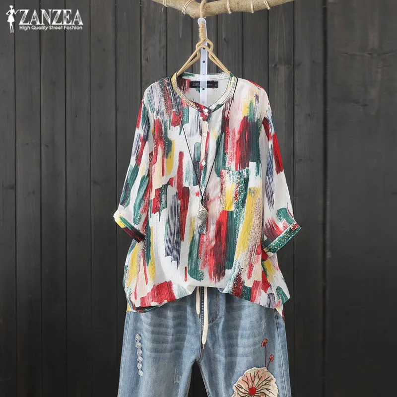 

Plus Size Printed Tunic Women's Summer Blouse 2019 ZANZEA Button Down Shirts Half Sleeve Blusas Chemise Asymmetrical Tops 5XL