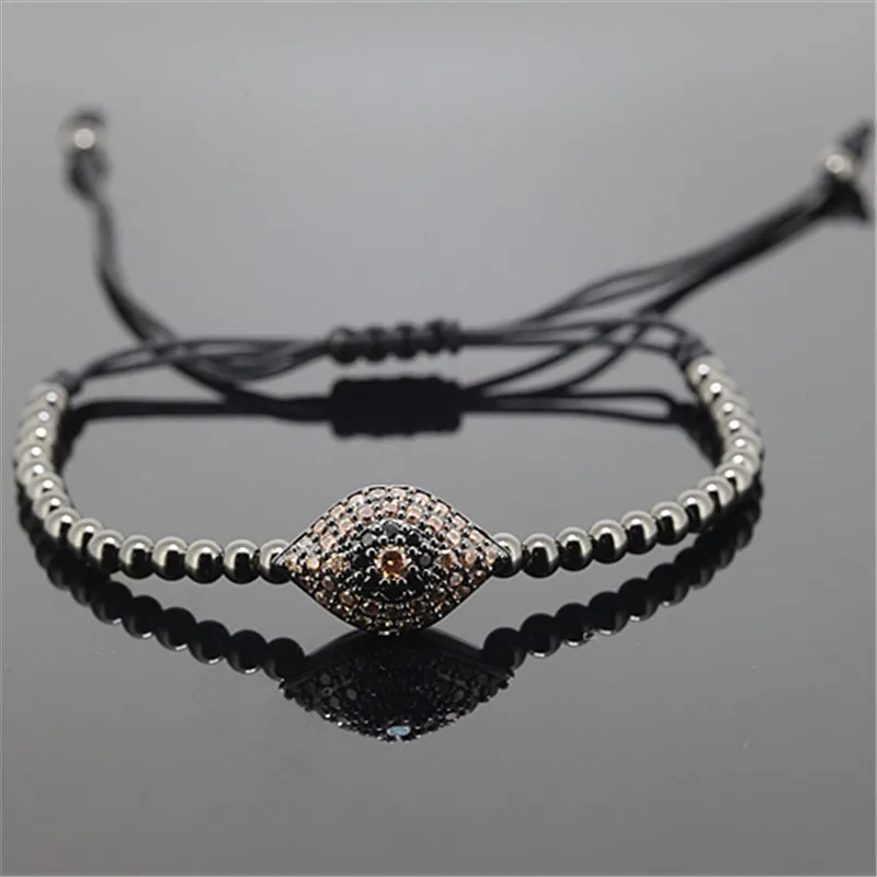 Модные Для мужчин плетение макраме браслет 4 мм латунь бисера и Micro Pave CZ Evil Eye Анил Arjandas Для мужчин макраме браслет