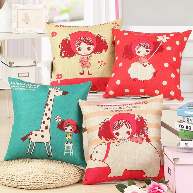 Cute Girl Cushion Cover Linen Cotton Home Decor Sofa Car Seat