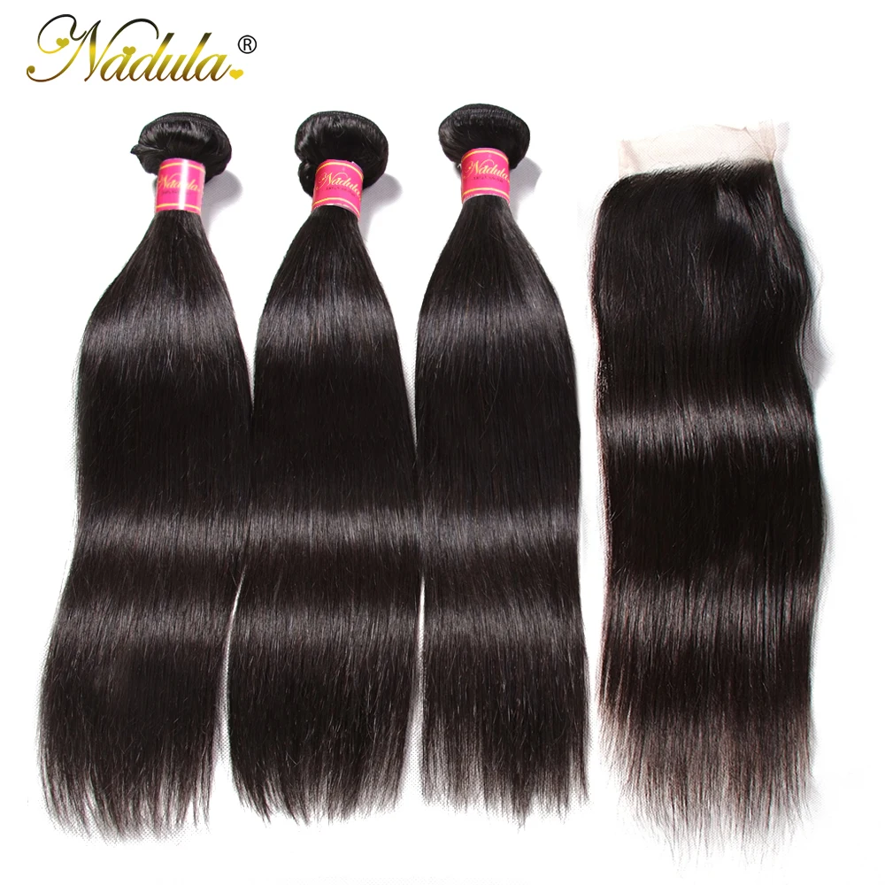 NADULA HAIR 5x5 закрытие с пряди прозрачное кружево/Средний коричневый человеческие волосы пряди с закрытием прямые пряди с закрытием