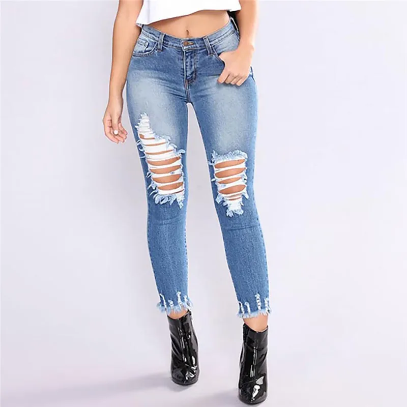 Модные женские Стрейчевые джинсы, женские Стрейчевые узкие сексуальные брюки-карандаш с низкой талией, рваные джинсы Combinaison Pantalon A30