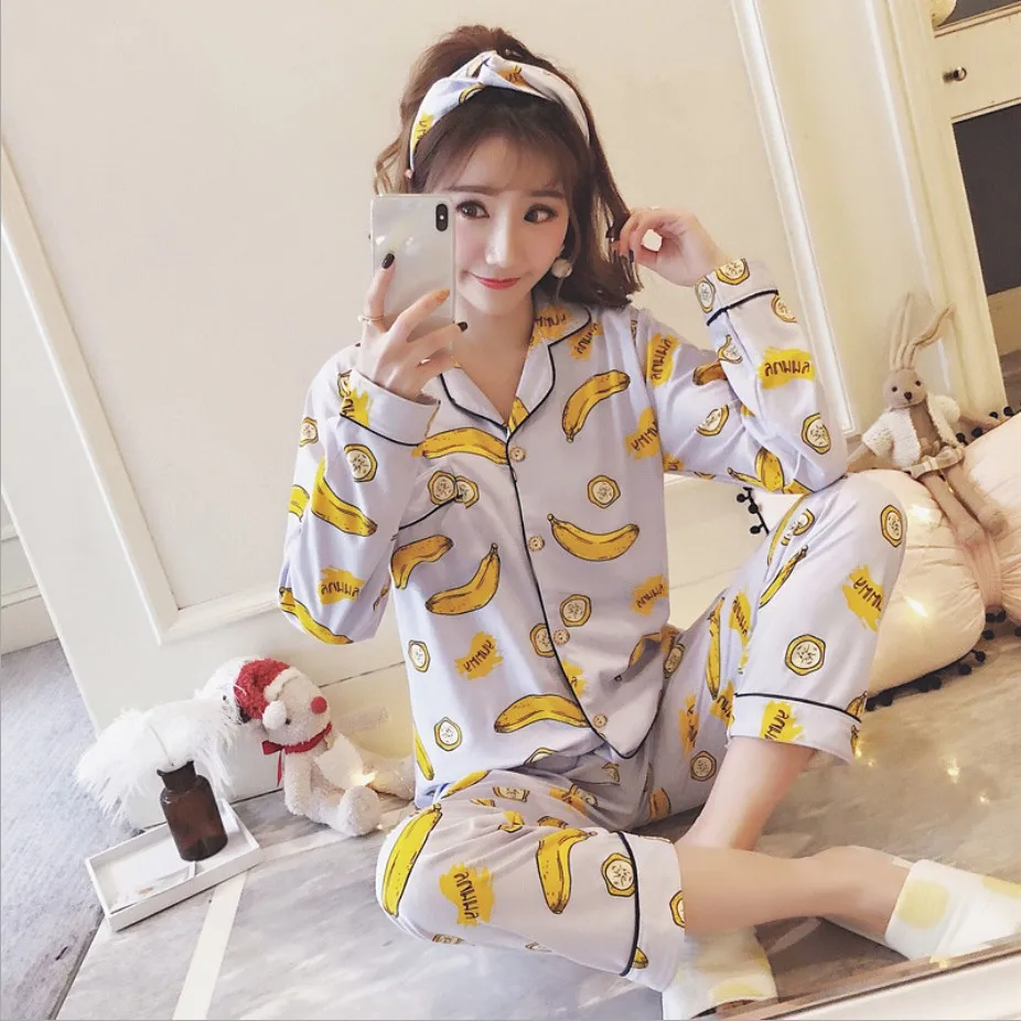 

Women Sexy Silk Satin Lingerie Set Long Sleeve Pyjama Femme Cartoon Pijama Sets V-neck Sleepwear Nightgown Girlfriend Gifts