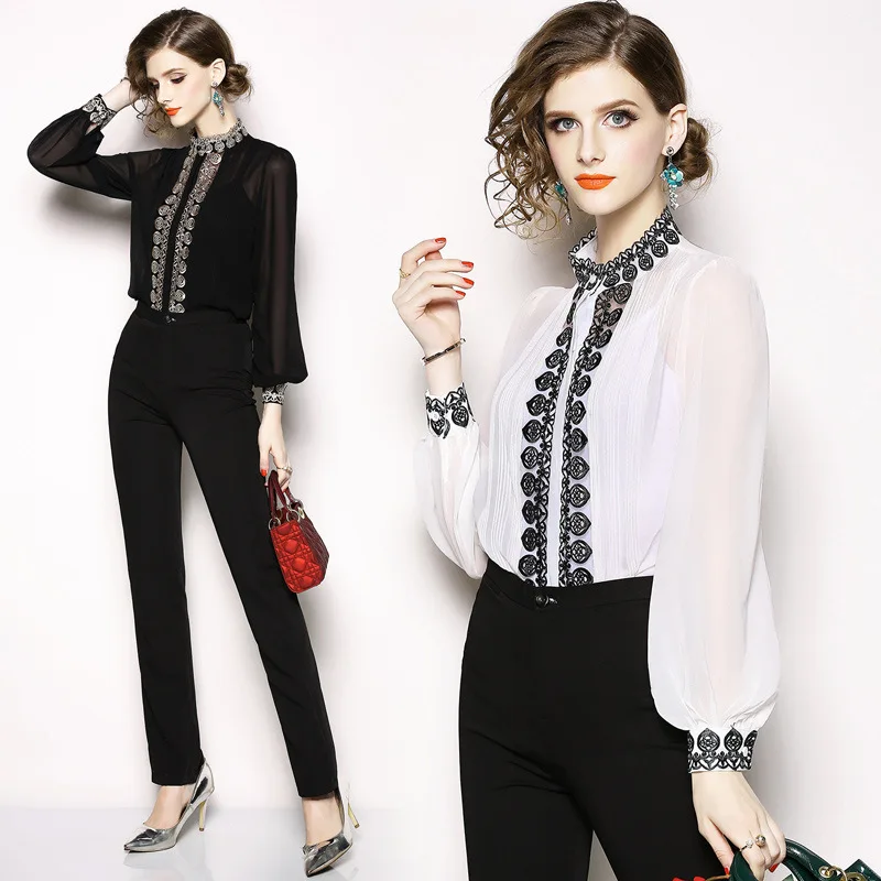 

Women Shirts Lantern Sleeve Embroidery Hollow Out High-end Heavy Blouse Shirt White Black