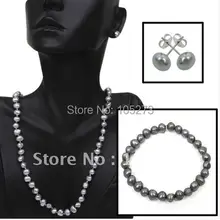 Удивительный жемчужный ювелирный набор AA8-9MM 925 серебро серый пресноводный жемчуг ожерелье комплект из браслета и серег