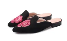 Material de Microfibra De moda Mulher Sapatos Baixos com Sandálias em Flor Bordar Senhoras Sapatos dedo Apontado Novo Fora