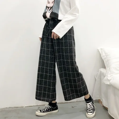 Корейские Японские Женские свободные клетчатые ботильоны брюки оверсайз прямые широкие брюки эластичный пояс галстук-бабочка размера плюс красивые - Цвет: Черный