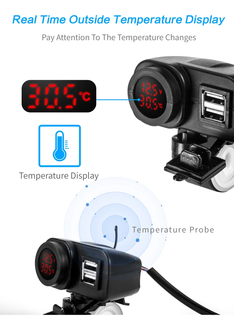 Водонепроницаемый 12 В до 5 В мотоциклетное USB зарядное устройство для Moto 2.1A 12 В мотоциклетное зарядное устройство с вольтметр светодиодный дисплей термометр