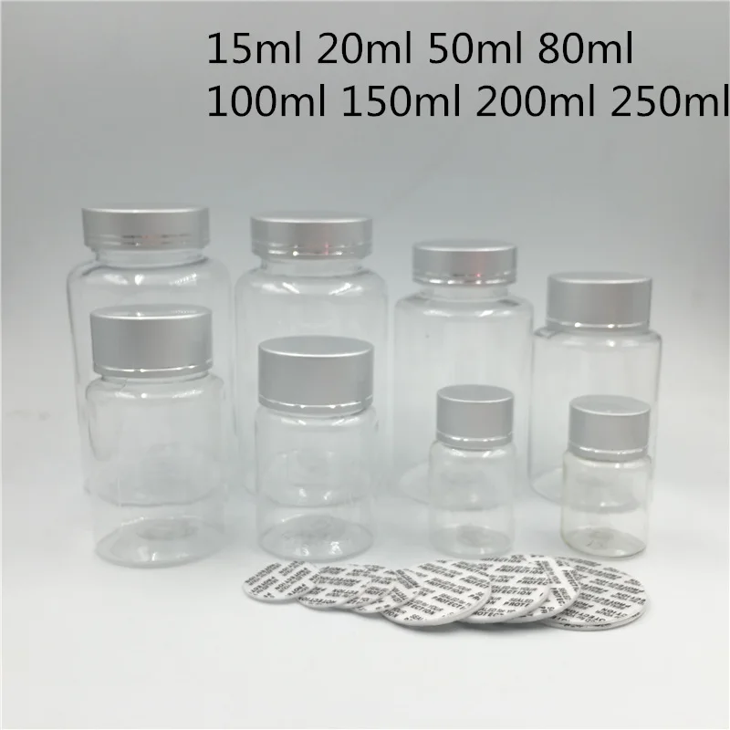 

Free Shipping 30 pcs 50 100 250 ml Empty Clear Candy Plastic Packing Bottles Silver lid Spices Food Seal Sample Pill Containers