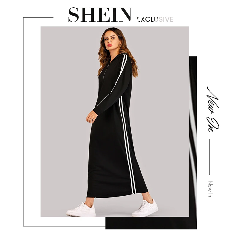 SHEIN черная полосатая лента на молнии Толстовка платье для женщин осень длинный рукав досуг повседневные Прямые длинные платья