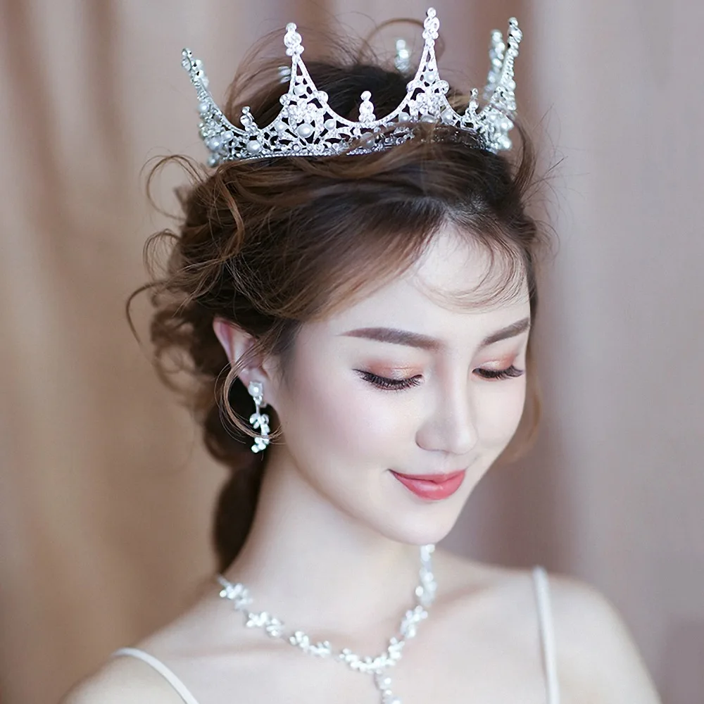 

3pcs/set Rhinestone Simulated Pearls Headband Jewelry Set Bridal Wedding Princess Tiara Round Crown Women Necklace Earrings Gift