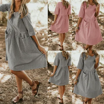 

Women Summer Short Sleeve Ladies Casual and Loose Ultrathin Soft Striped O-Neck Regular Knee-Length Long Dresses