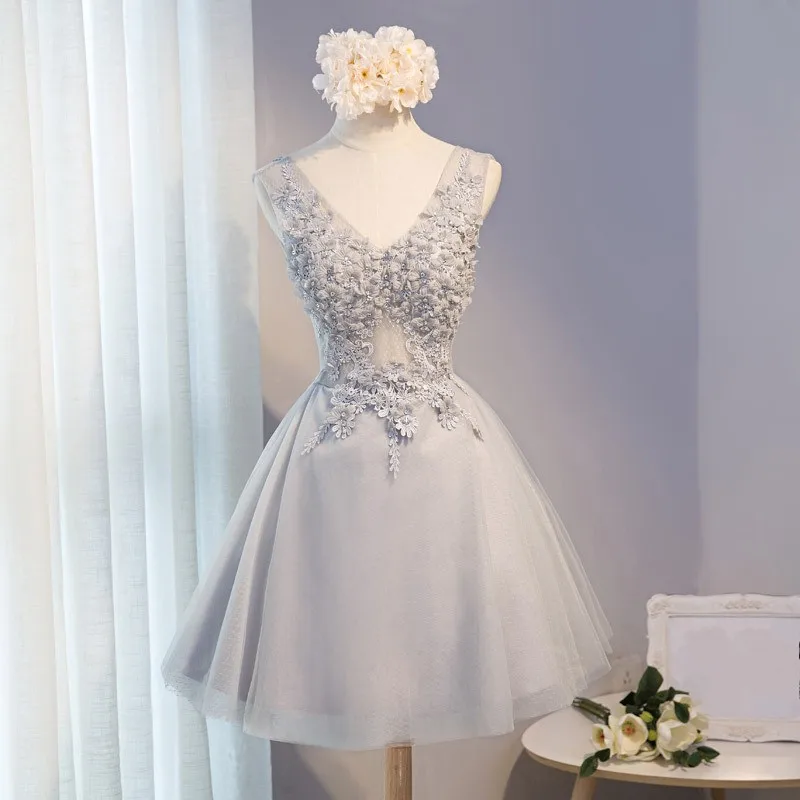 Серый v-образным вырезом Бисероплетение Кружева Vestidos De Festa цветы трапециевидной
