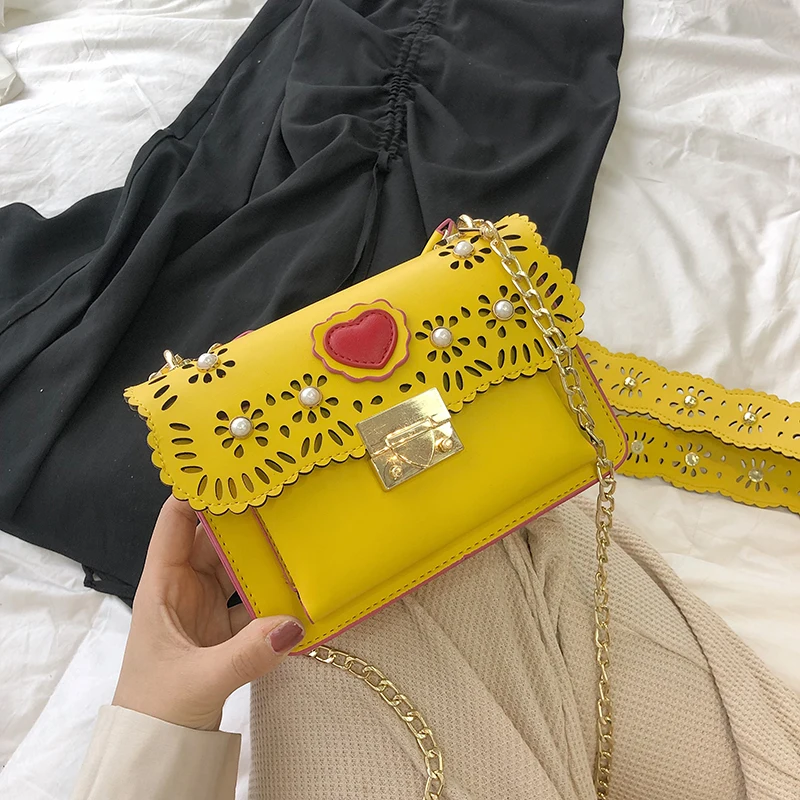 

Fashion Openwork pearl Lock Small Square Pack Shoulder Bag Crossbody Package Clutch Women Designer Wallet Handbags Bolsos Mujer