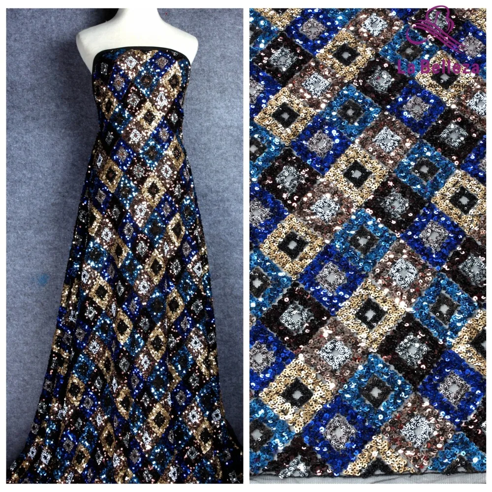 

La Belleza 1 yard Blue gold sequins embroidered wedding/ evinging/show dress lace fabric 51'' width