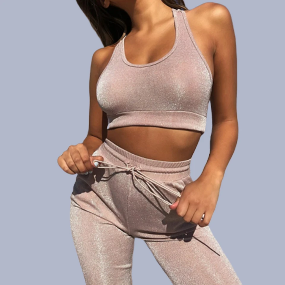 

Sparkle Pants Glitter Crop Top Two Piece Vest Pant Ensemble Femme 2 Pieces Sequin Tracksuit Pink Outfit Punk Women Clothes Set