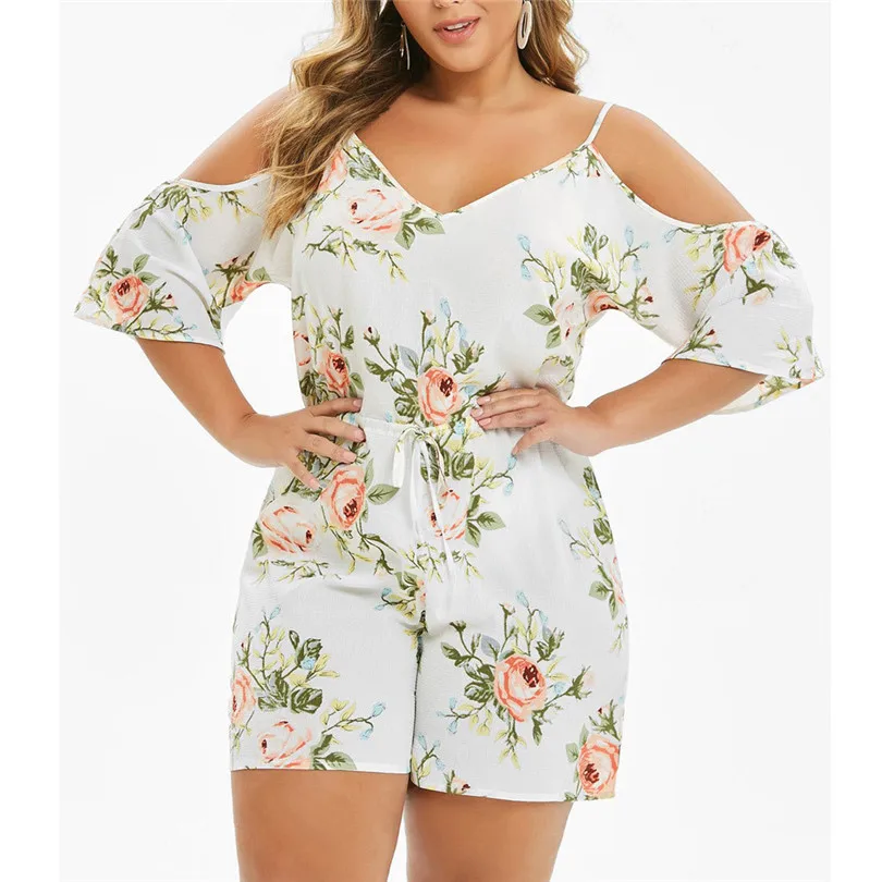 Womens Plus Size Bohemian Floral Casual Playsuits New 2019 Fashion Sexy Cold Shoulder Jumpsuit Bodysuit V-Neck Romper #E11 (29)