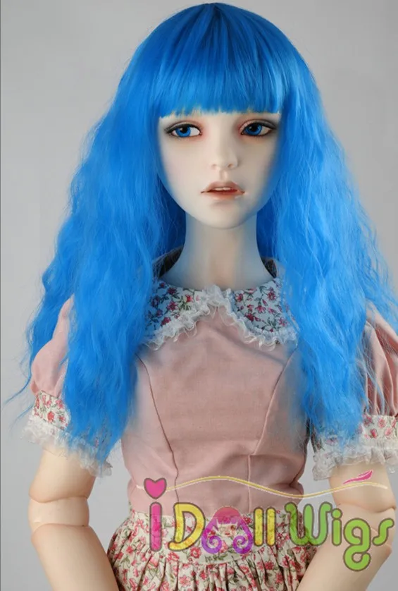 

Free Shipping Cheap High quality synthetic bright blue afro curly doll wig with full bangs 1/3 1/4 1/6 for choice